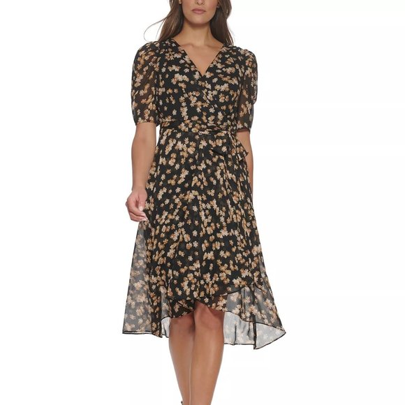 TOMMY HILFIGER Petite Floral-Print Chiffon Midi Dress Sand Multi Size 6P - Picture 1 of 5